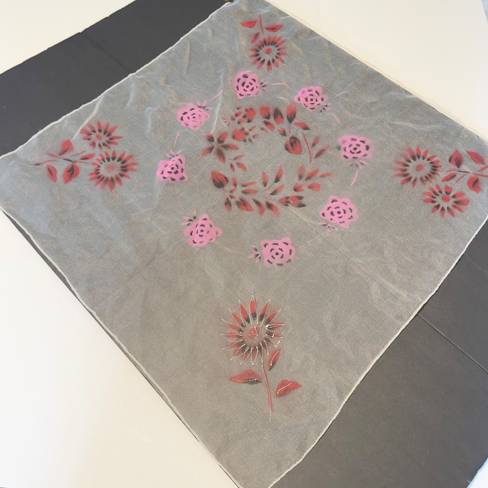 Vintage Scarf White Pink Red Floral Hand Painted Sheer Nylon Square 24" Japan